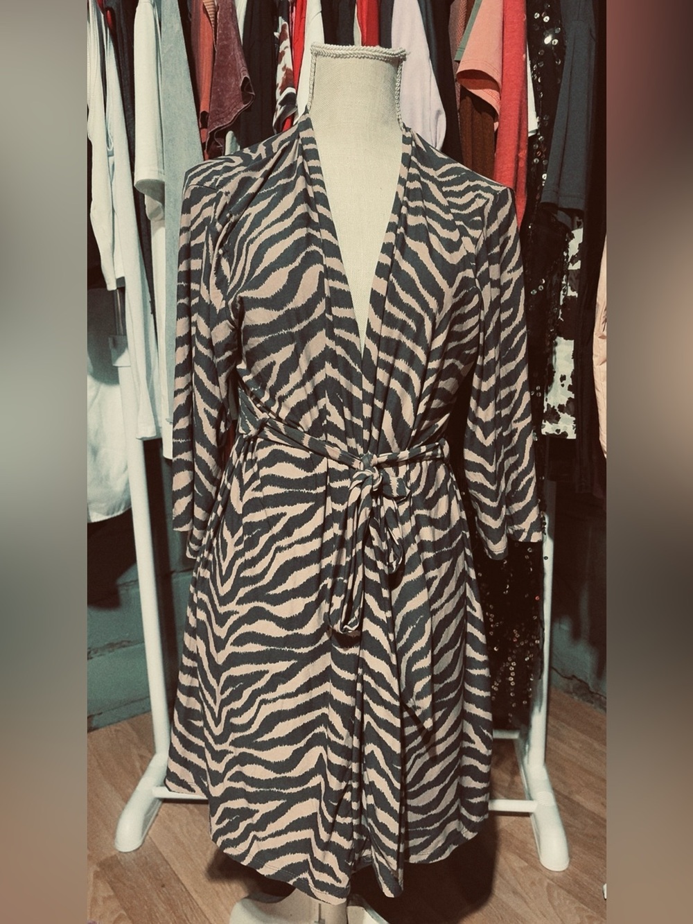 Zebra-Print Wrap Robe in Taupe & Black